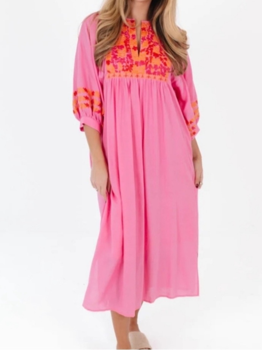 NWT J. MARIE Carlie midi Pink Embroidered Split-Neck Dress size M/L